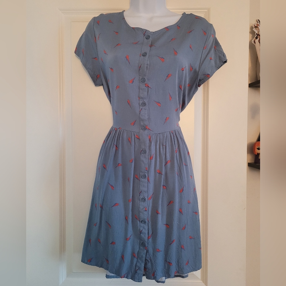 David Bowie Alladin Sane Junkfood Button Up Short Sleeve Blue Dress W Ties, Sz M
